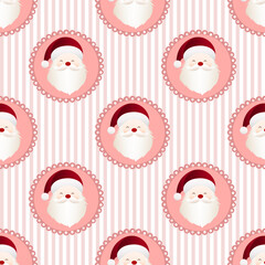 Cute pink Christmas pattern with Santa Claus faces in round frames with pink candy stripes. Festive and playful seamless design.