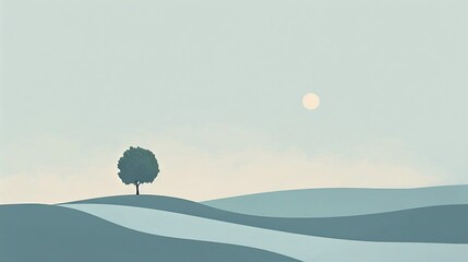 A serene landscape features a solitary tree on a gentle hill, with a winding road and tranquil waters, bathed in warm sunlight.