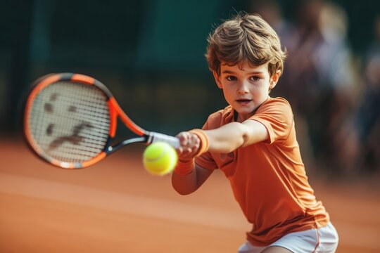 Focused Child Tennis Player Aiming for Shot - Powered by Adobe