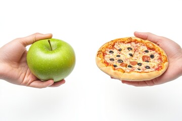 Hands Holding Apple and Pizza Slice on White Background