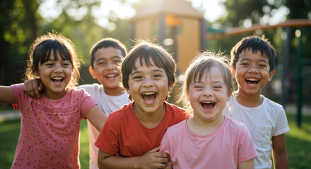 Diverse group of children laughing together outdoors in sunlight. Kids with Down syndrome and different ethnicities enjoying playground. Inclusion concept. Friendship without boundaries. Childhood joy