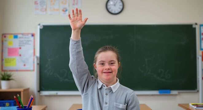 Smiling girl with Down syndrome raising hand in classroom. Caucasian student in gray sweater near chalkboard. Inclusive education concept. Special needs learning. School diversity. Horizontal banner - Powered by Adobe
