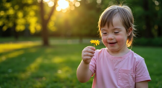 Girl with Down syndrome holding yellow flower in sunny park. Child in pink t-shirt with pocket examining dandelion. Inclusion concept. Special needs childhood. Nature discovery.