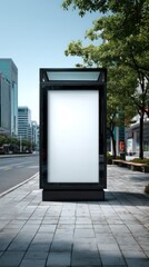 Blank billboard on sidewalk in urban setting trees and tall buildings visible.