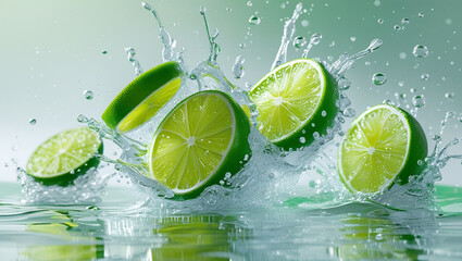 AI Generative. Fresh Limes Splashing in Water Green Gradient Background. 4
