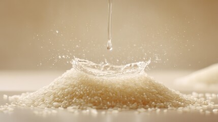 Water drop splashing into a mound of rice grains on a neutral background.