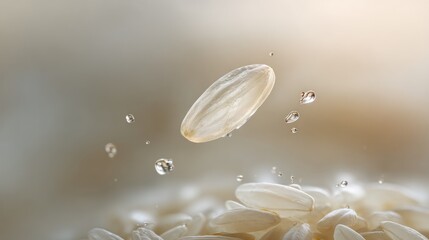 Rice grain levitating with water droplets against a blurred beige background.
