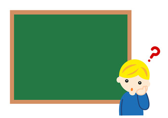 黒板の前で考える白人の男の子