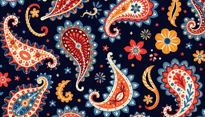 Bold, stylized paisley print with vibrant color blocking, clean lines, fresh, texture
