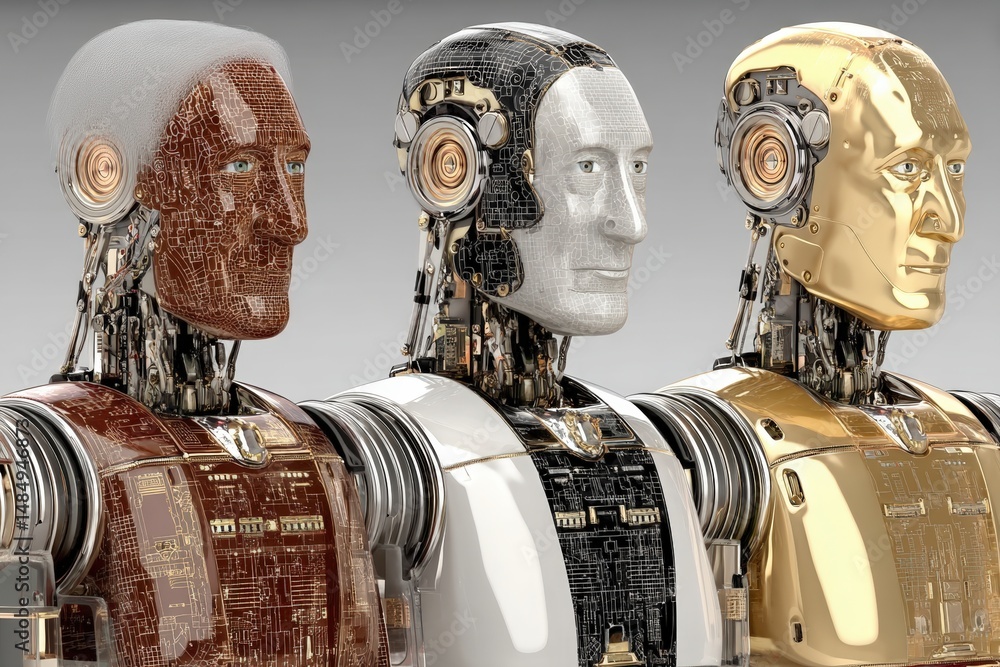 Poster three humanoid robots with metallic finishes stand side by side, showcasing advanced futuristic tech