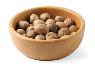 Fresh nutmegs in bowl isolated on white