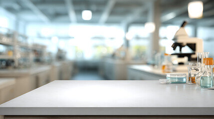 White counter top in a laboratory with microscope and glassware blurred in the background showing science research environment