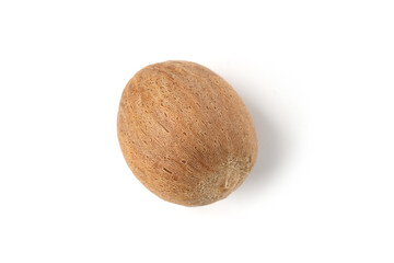 One whole fresh nutmeg isolated on white, top view