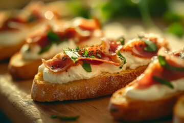 Delicious cheesy burrata crostini topped with prosciutto and garnished with fresh herbs