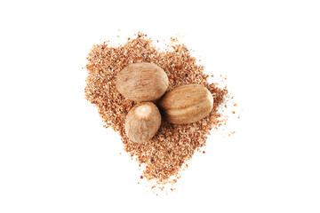 Whole nutmegs and powder isolated on white, top view