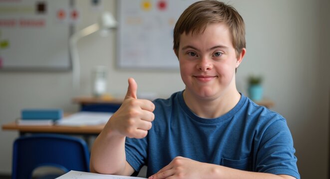 Boy with down syndrome giving thumbs up in classroom. Educational success and positive attitude. Inclusive learning and special education. World Down Syndrome Day and disability awareness