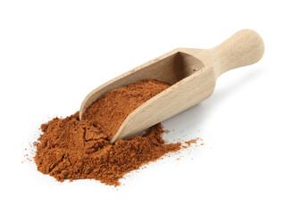 Nutmeg powder in scoop isolated on white