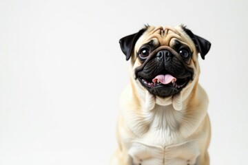 Single pug, posed against bright white backdrop, wallpaper, illustration, cute