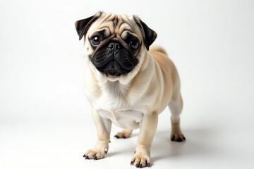 Single pug, posed against bright white backdrop, image, pet portrait