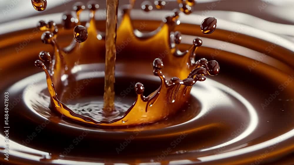 Poster chocolate splashes dramatically into a rich, dark pool creating mesmerizing patterns and droplets, c