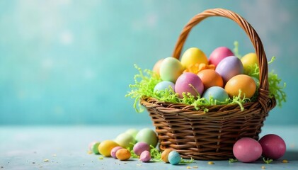 Assorted Easter candy in a basket, colorful eggs and treats , joy, Easter basket