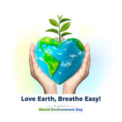 Happy World Environment Day Concept. Earth planet globe environment care and planting green trees.