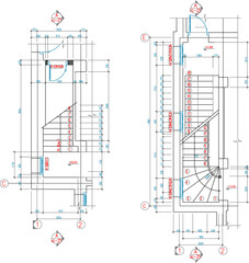illustration sketch drawing detail engineering design of classic vintage house stairs plan