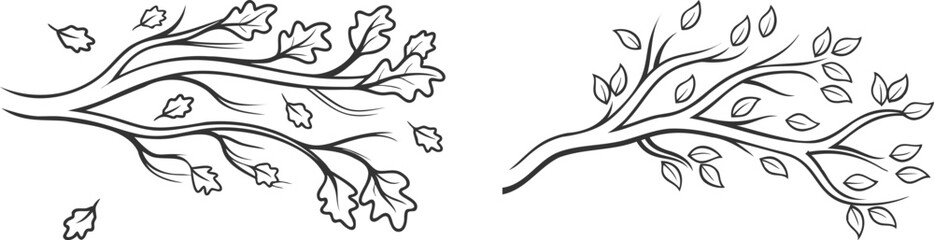 Set of Autumn Oak Leaves Branch Line Art Vector Design | Hand-Drawn Fall Foliage Illustration