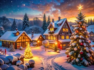 Fototapeta premium Cozy Christmas House Winter Snowfall Landscape Photography - Festive Holiday Scene