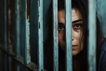 Sad female prisoner looking through jail bars