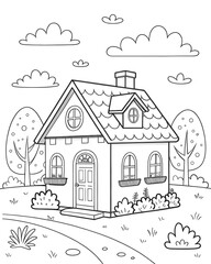 Naklejka premium Sketch of a cozy house with shady trees, grass and clouds in the sky. coloring page for kids