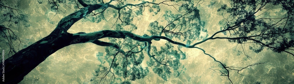 Poster artistic view looking up at a tall tree with branches and leaves silhouetted against a textured sky.