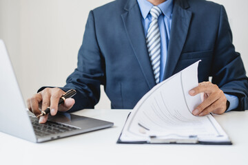 Business man employer holding resume hiring recruit looking cv resume to hire candidates, analyzing...
