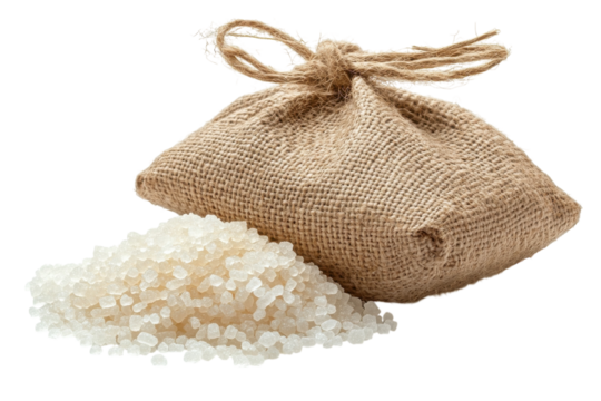 Burlap Sack of White Rice Grains Isolated on Black on transparent background