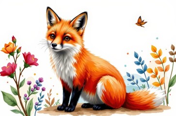 Obraz premium A cute fox sits among colorful flowers and leaves, with a small bird flying nearby on a white background.
