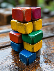 A wobbly stack of colorful, vintage wooden blocks sits on a wet, dark wooden surface outdoors.  The blocks show signs of wear and age, with chipped paint