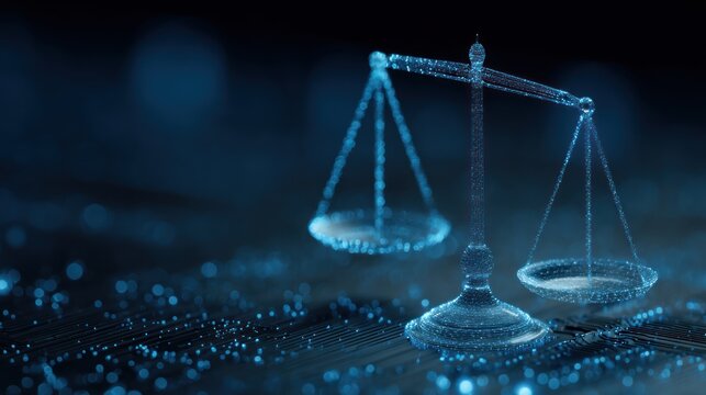 Scales of justice symbol in a dark blue digital futuristic environment.