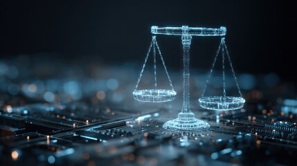 Digital scales of justice hover above a complex circuit board background.