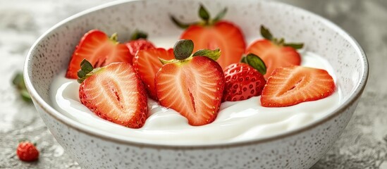 Freshly cut strawberries on white plate close up