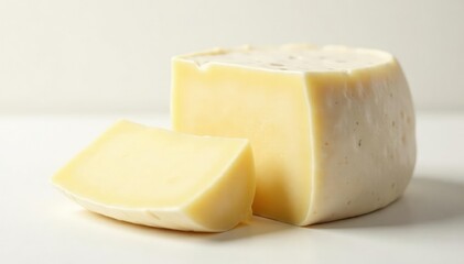 Soft goat cheese log, bloomy rind, pristine white backdrop , herbal, closeup, bloomy