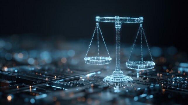 Digital scales of justice hover above a complex circuit board background.