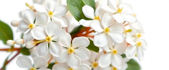 Close-up of delicate white jasmine blossoms isolated on pure white background, serenity, texture