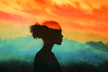 Silhouette of a Woman Blending into a Colorful Abstract Background