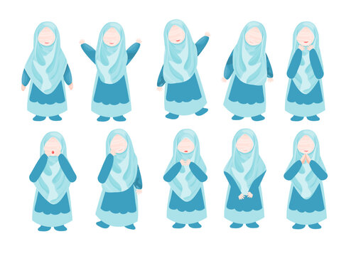 Cute Faceless girl in Blue Hijab and Dress &ndash; Islamic Girl Vector Illustration Set