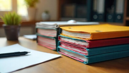 Organized folders on a desk, showcasing efficient file management , information, arrangement