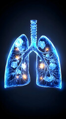 A detailed, translucent 3D rendering of human lungs, illuminated internally, showcasing intricate bronchial structures and highlighted nodules