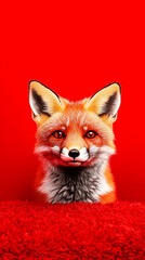 Obraz premium A red fox with intense red eyes, positioned centrally against a vibrant red background, peers directly at the viewer from behind a textured red surface