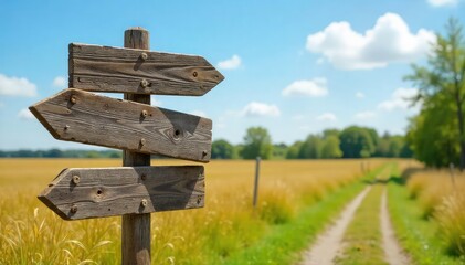 Rustic crossroads signpost pointing in four directions, weathered wood, rural setting , junction, arrow