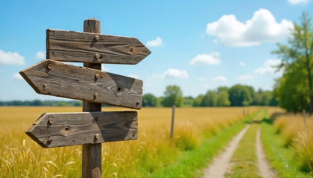 Naklejki Rustic crossroads signpost pointing in four directions, weathered wood, rural setting , junction, arrow