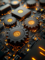 Interlocking gears with illuminated symbols on a circuit board, representing complex technological processes